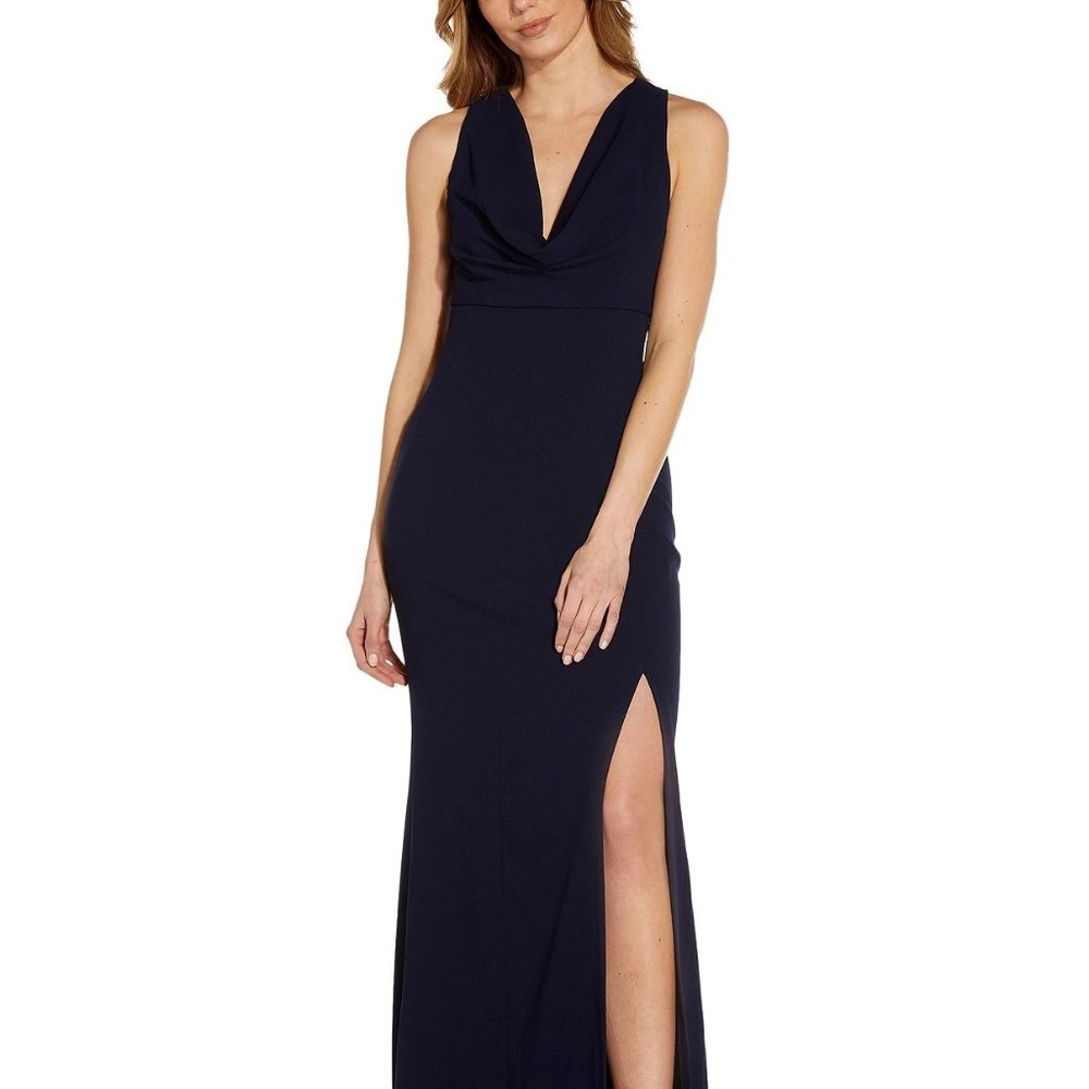 Adrianna Papell Cowl-Neck High-Slit Gown Midnight Blue Size 2